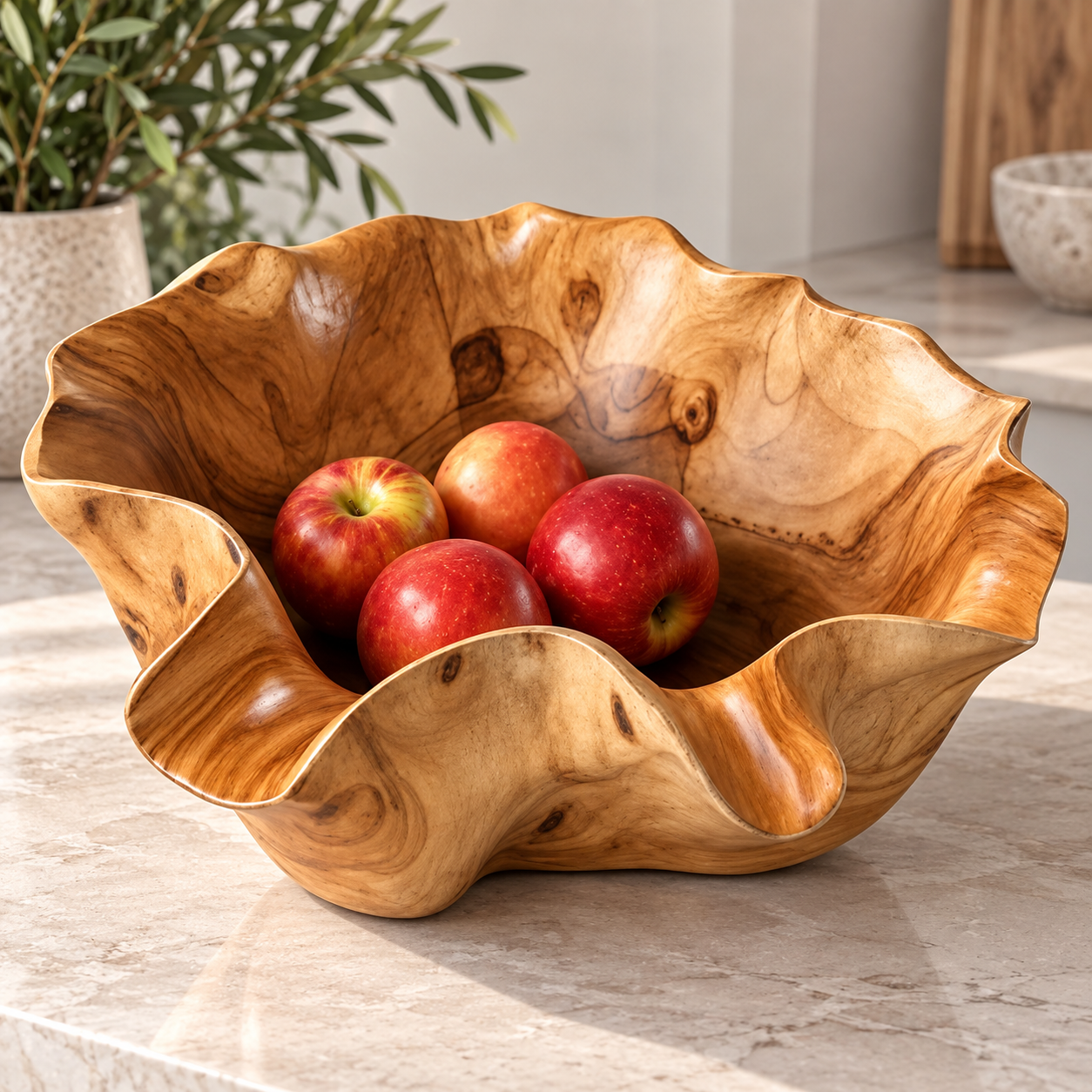 Natural teak root wooden fruit bowl with organic wavy edge filled with red apples