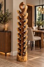 Tall sculptural wooden wine rack with curved bottle holders displayed in a modern dining room
