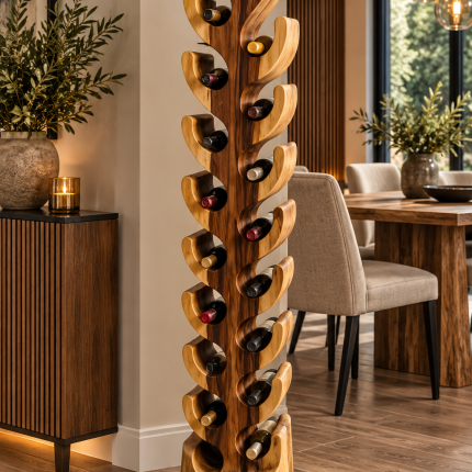 Tall sculptural wooden wine rack with curved bottle holders displayed in a modern dining room