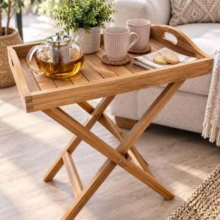 Solid teak folding tray table with removable serving tray top and crossed wooden legs