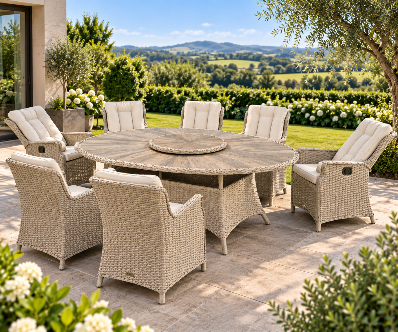 8 seater beige rattan oval garden dining set with six armchairs, two reclining back chairs and cream cushions