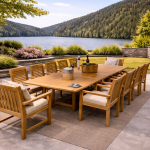 side view of teak 10 seater outdoor dining set with stacking chairs and heavy duty end chairs