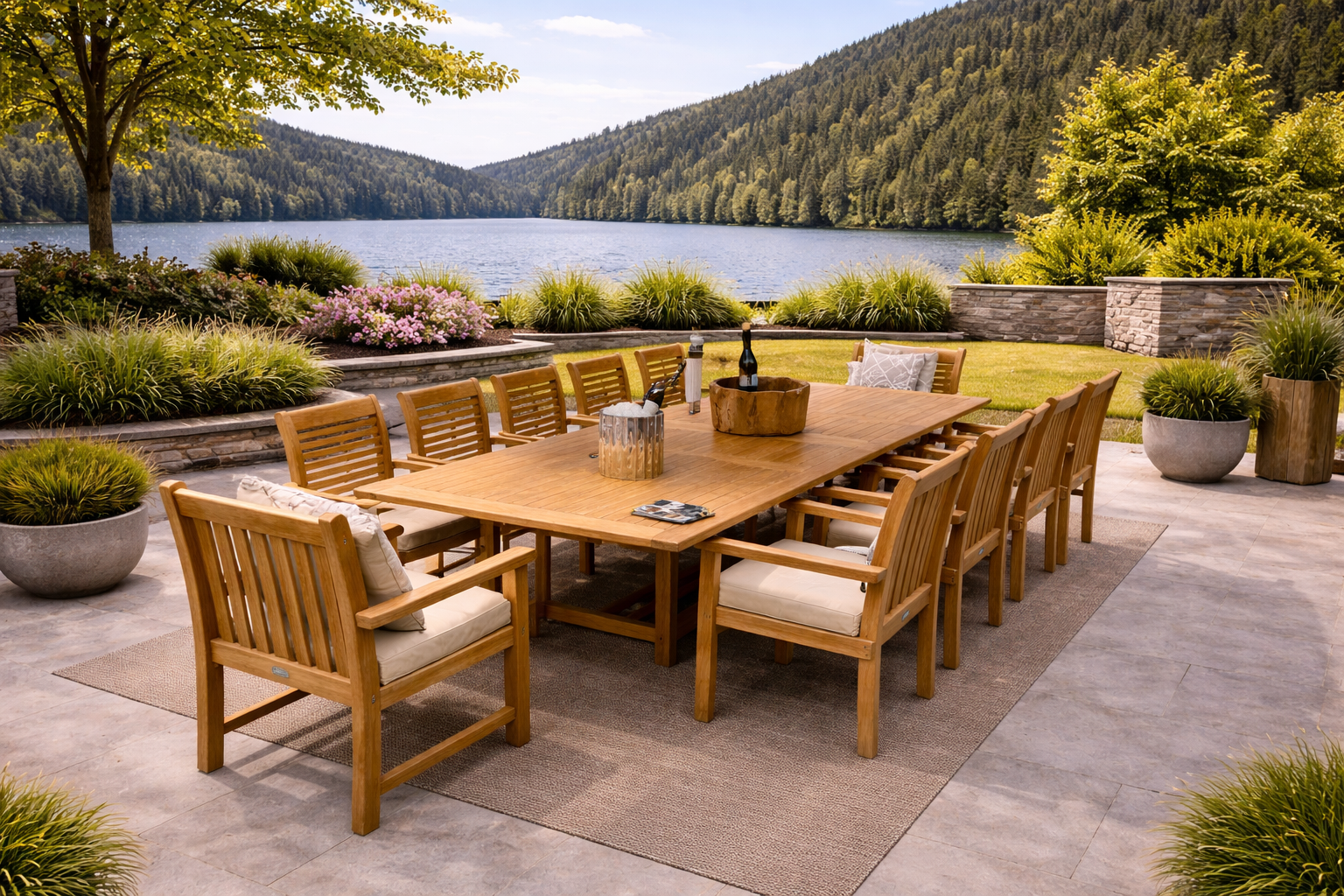 side view of teak 10 seater outdoor dining set with stacking chairs and heavy duty end chairs