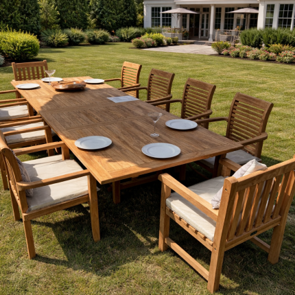Teak outdoor dining table with 10 chairs on garden patio