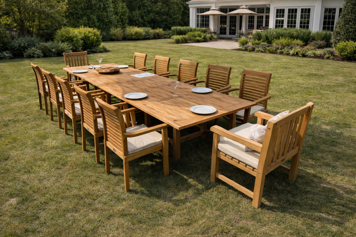 Wooden patio dining set with cushioned chairs