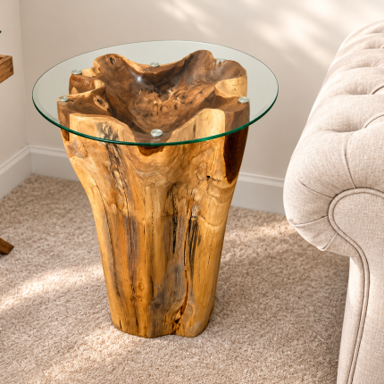 Natural teak root side table with 50cm round glass top