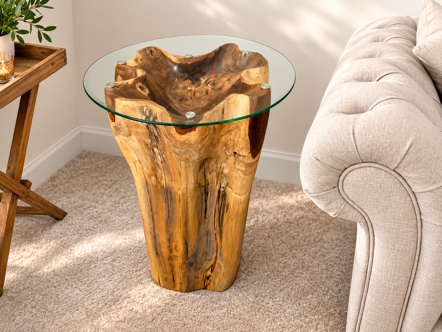 Natural teak root side table with 50cm round glass top